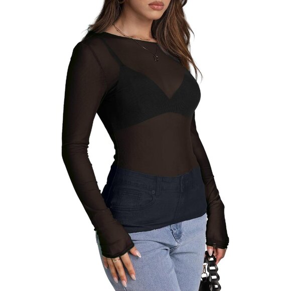 🆕 Women Black Mesh Sheer Long Sleeve Tops Lace Sexy Mock Neck Shirts Layering - Picture 3 of 4